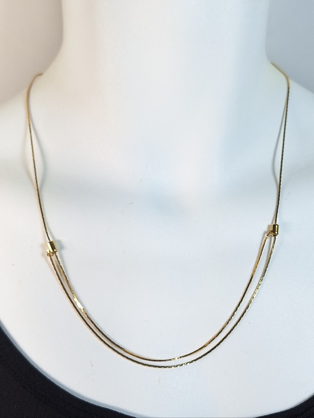 Gold Tone Double Strand Slider Necklace Adjustable Minimalist Box Chain